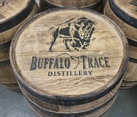 Buffalo Trace Whiskey Barrel Custom Lettered on Top and Front - Aunt Molly's Barrel Products