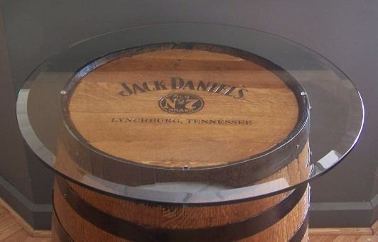 Jack Daniels Whiskey Barrel Branded-Laser Engraved-Sanded and Finished w/ 30" Glass Top-FREE SHIPPING - Aunt Molly's Barrel Products