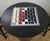 Whiskey Barrel c/ 42" Checker Board Table Top-Checkers-Chess Pieces-2 Bar Stools - Aunt Molly's Barrel Products