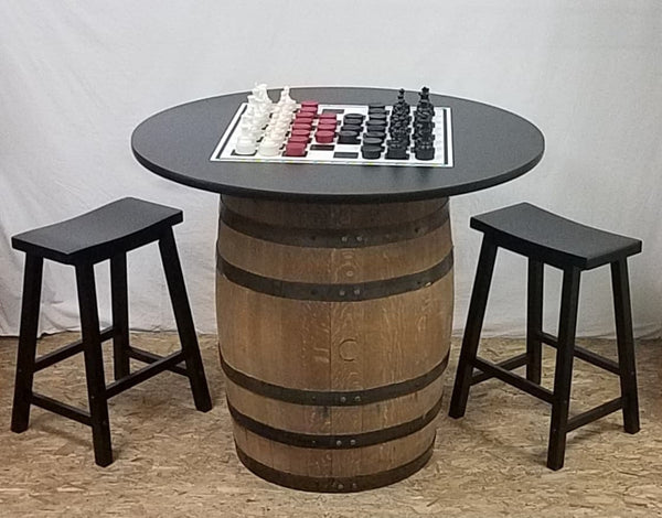 Whiskey Barrel c/ 42" Checker Board Table Top-Checkers-Chess Pieces-2 Bar Stools - Aunt Molly's Barrel Products