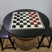 Whiskey Barrel c/36" Black Table Top-Checker Board-Checkers-2 Bar Stools - Aunt Molly's Barrel Products