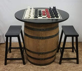 Whiskey Barrel c/36" Checker Board Table Top-Checkers-Chess-(2) 24" Bar Stools - Aunt Molly's Barrel Products