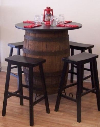 Whiskey Barrel Table 36" Table Top/Stand/(4) 29" Black Bar Stools - Aunt Molly's Barrel Products